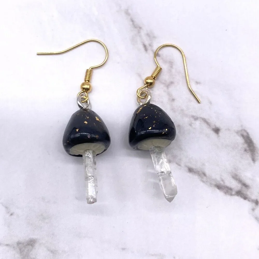 Black Mushroom Quartz Crystal Dangle wire hook polymer Clay Earrings